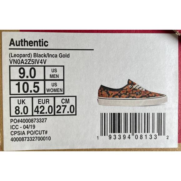 NWT VANS Authentic Sneaker Leopard Black Inca Gold Size M9.0 W10.5 VN0A2Z5IV4V - Picture 8 of 8